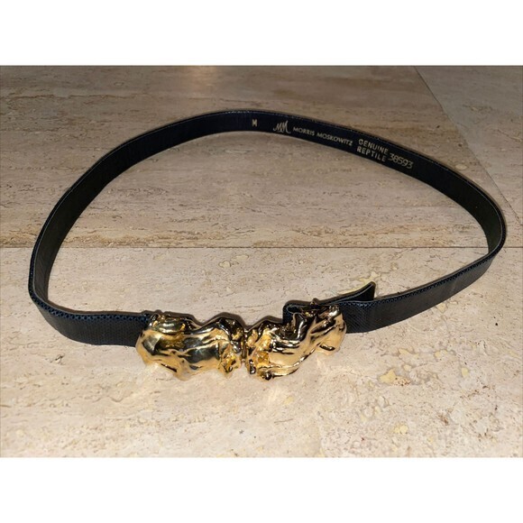 Vintage Morris Moskowitz Black Belt Genuine Reptile Size M Gold Belt Buckle - Picture 1 of 9